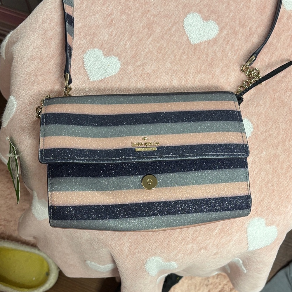 Kate Spade Glittery Striped Crossbody Bag - Pink and Navy with card holder